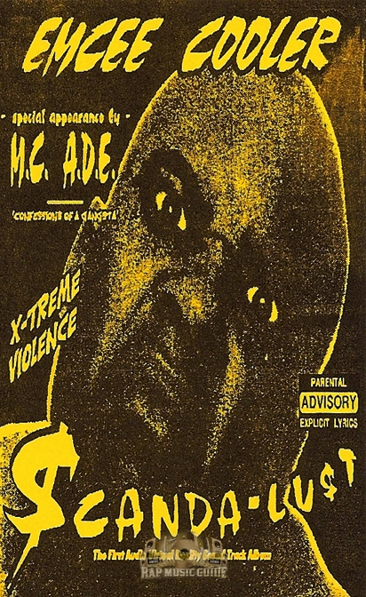 Original Scanda-Lust cassette cover: Emcee Cooler portrait rendered in grainy yellow and black, with hand-painted lettering